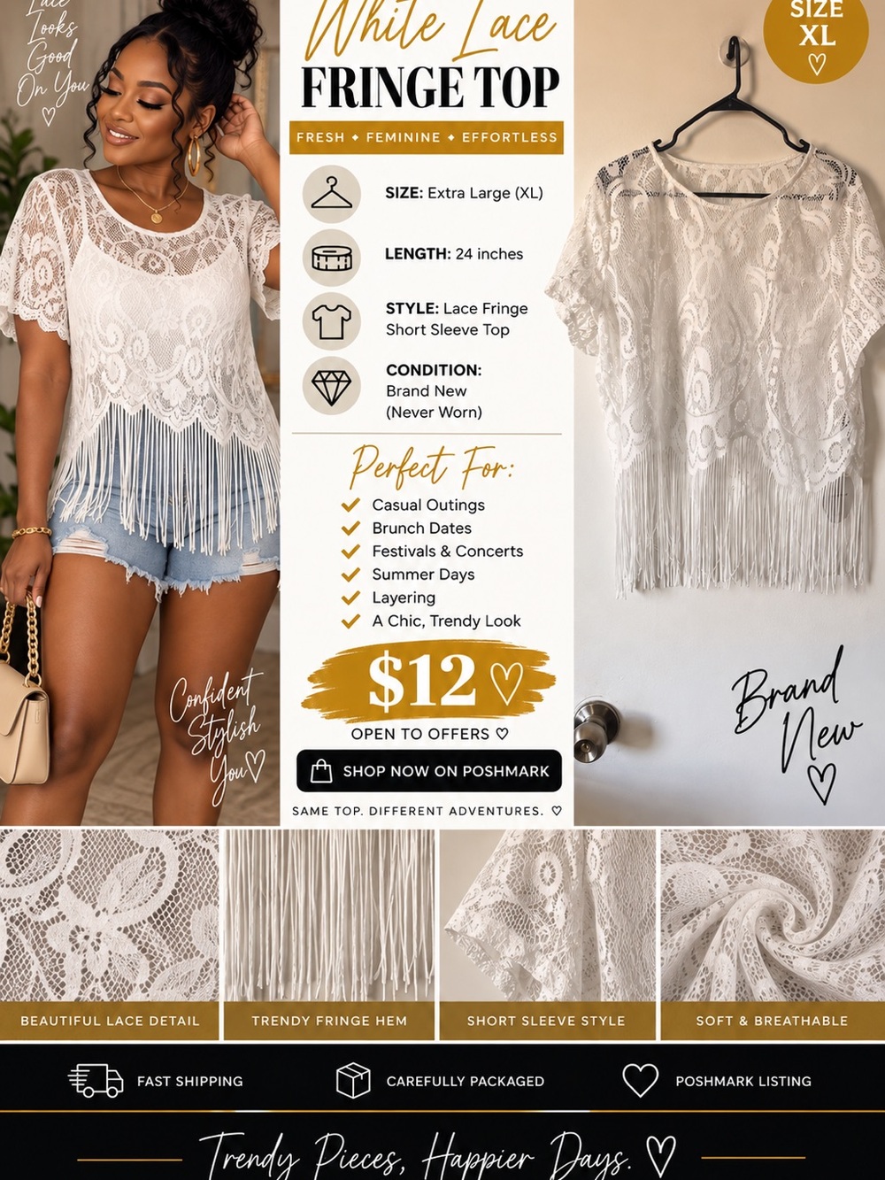 White Lace Fringe Short Sleeve Top - Brand New